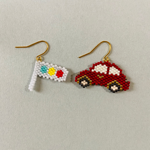 あーもんど♡☆デリカビーズピアス12点 デリカビーズの車ピアス＊ボルドー ピアス（フック・チェーン