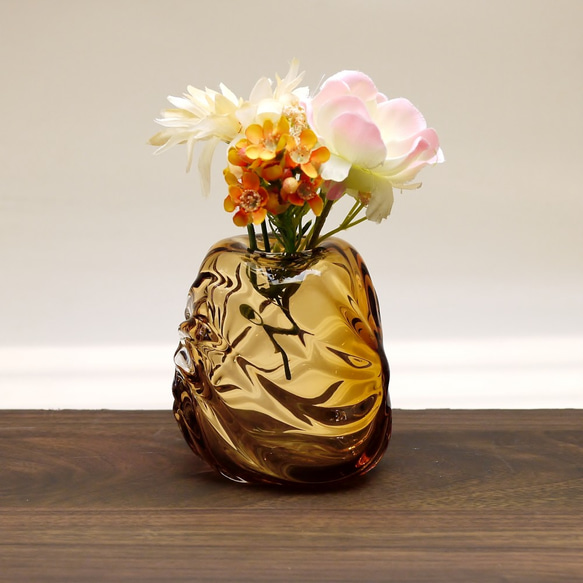 細波紋花入れ（飴色） 一輪挿し・花瓶・花器 創作ガラス寺田 通販