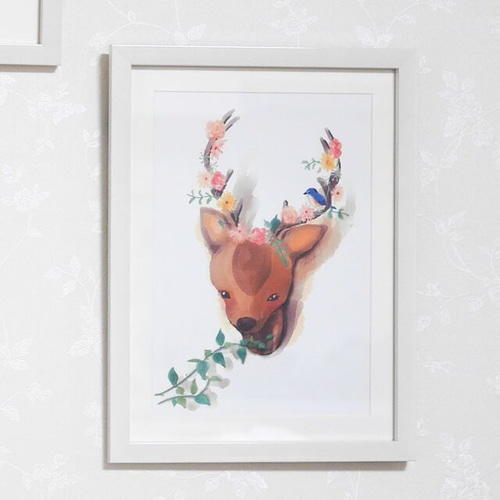 優しい鹿のオブジェ A4ポスター｜水彩イラスト 絵画 絵画 Chiakids