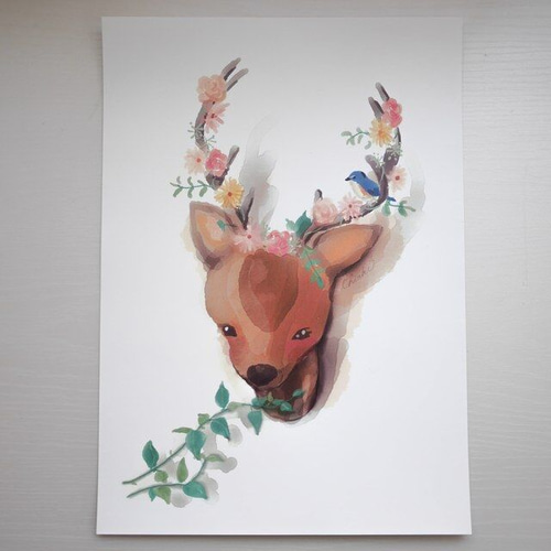 優しい鹿のオブジェ A4ポスター｜水彩イラスト 絵画 絵画 Chiakids