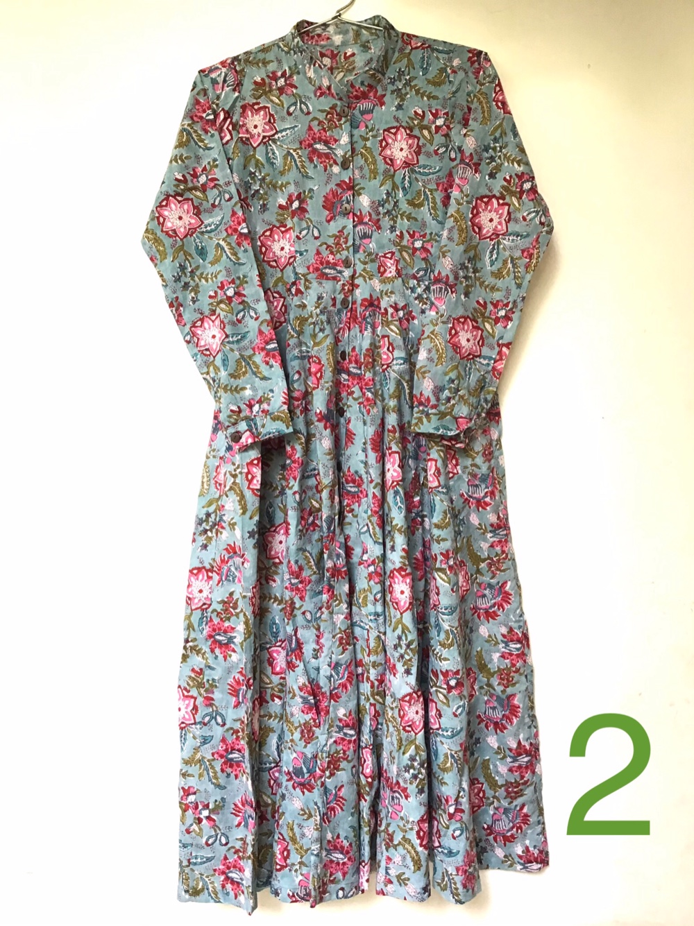 ブロックプリント クルタ襟 マキシ丈ワンピース 2