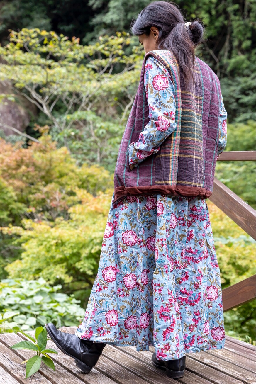 ブロックプリント クルタ襟 マキシ丈ワンピース 2