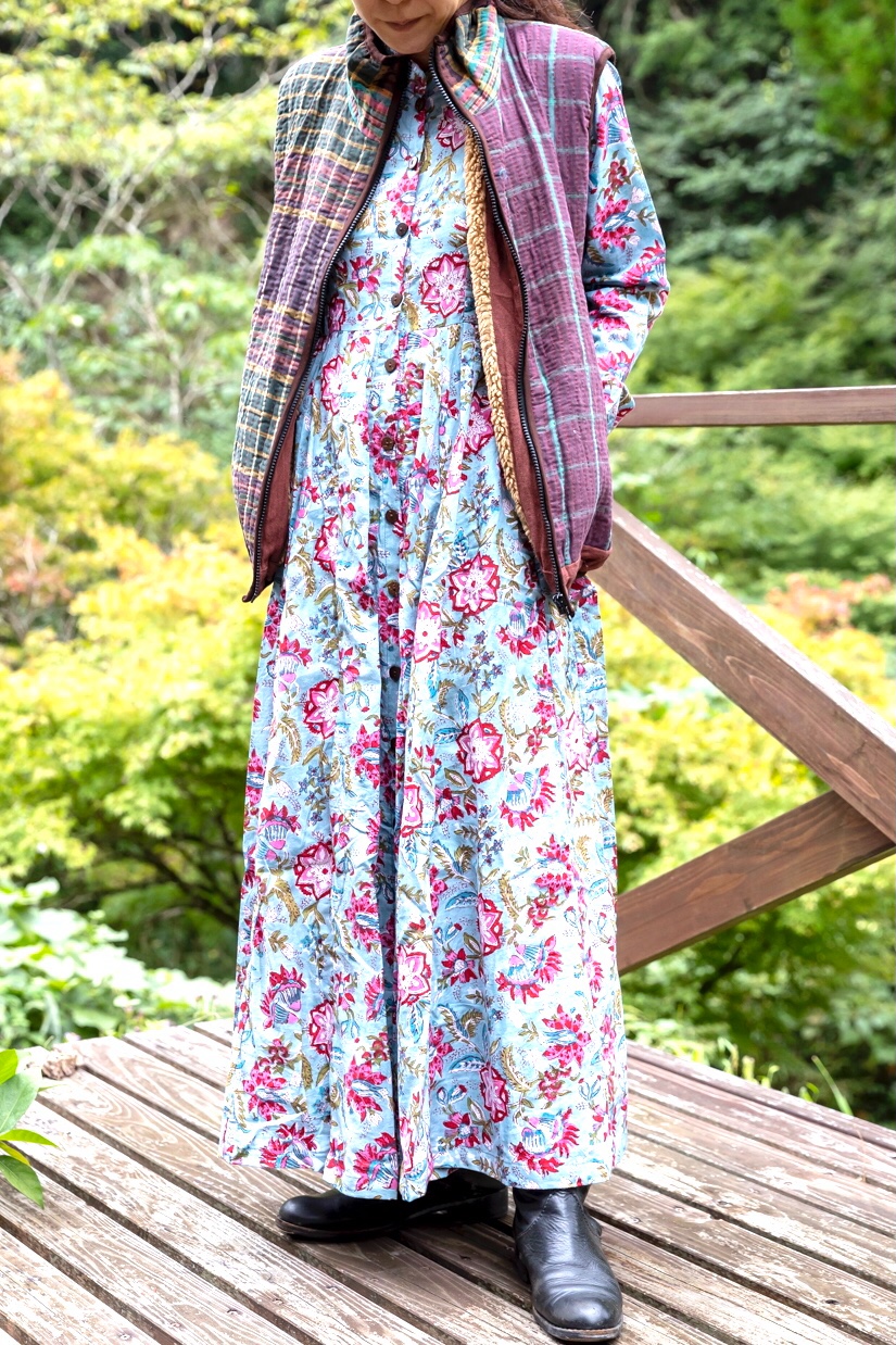 ブロックプリント クルタ襟 マキシ丈ワンピース 2