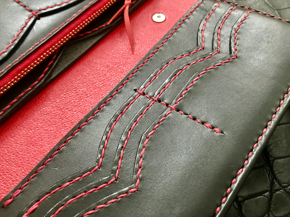 Gravy Leather 新喜皮革 コードバン×栃木レザー バイカー ウォレット ロング 馬革 長財布 レッド 7枚目の画像