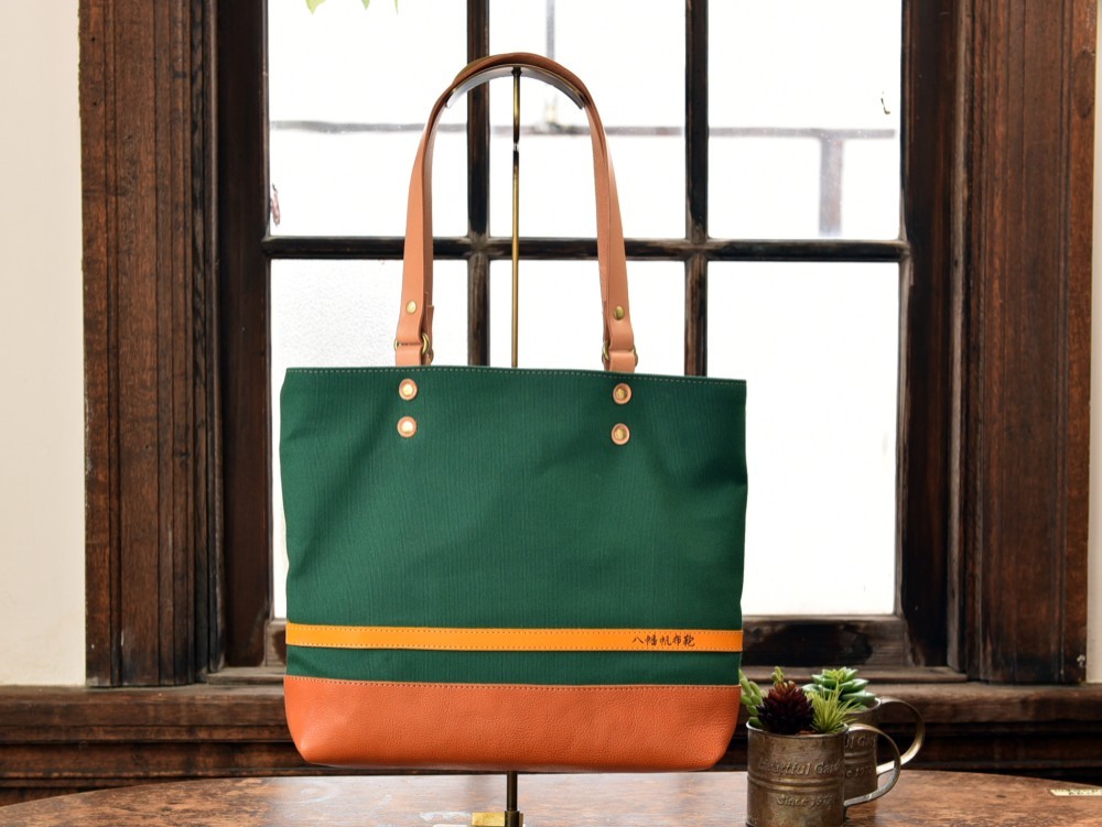 【八幡帆布鞄】革と高島産帆布で作ったトートバッグ　グリーン　Mサイズ