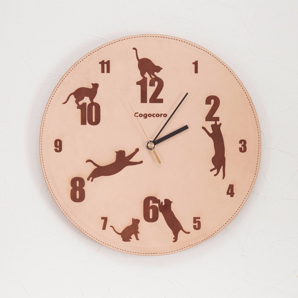 レザークロック　壁掛け時計　Cat Kitten 28cm