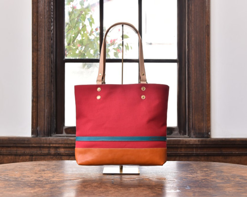 八幡帆布鞄】革と高島産帆布で作ったトートバッグ レッド M