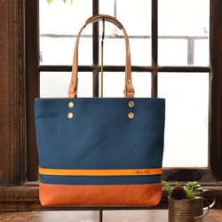 八幡帆布鞄】革と高島産帆布で作ったトートバッグ 琵琶湖ブルー M