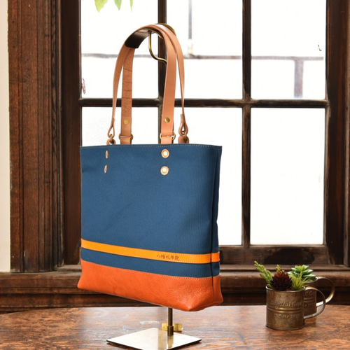 Creek トートバッグ ベージュ/ブルー 八幡帆布鞄】革と高島産帆布で作ったトートバッグ 琵琶湖ブルー M