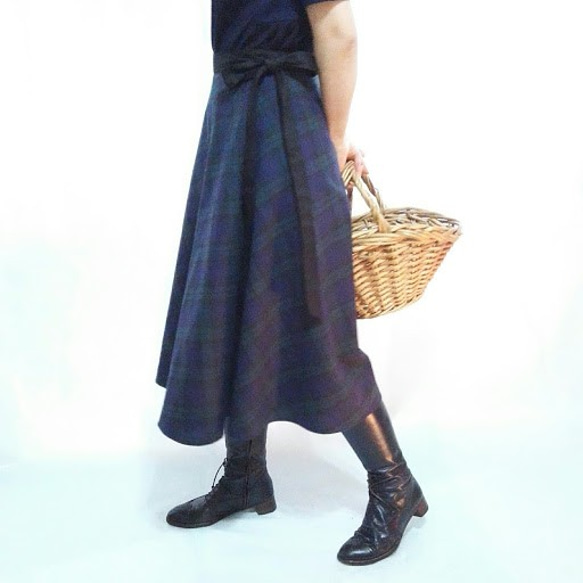 ミモレ丈　ブラックウォッチ巻きスカート　リネンコットン 3枚目の画像
