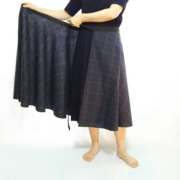 ミモレ丈　ブラックウォッチ巻きスカート　リネンコットン 10枚目の画像