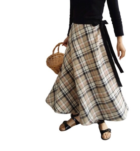 リネン サーキュラーラップスカート ベージュタータン 6枚目の画像