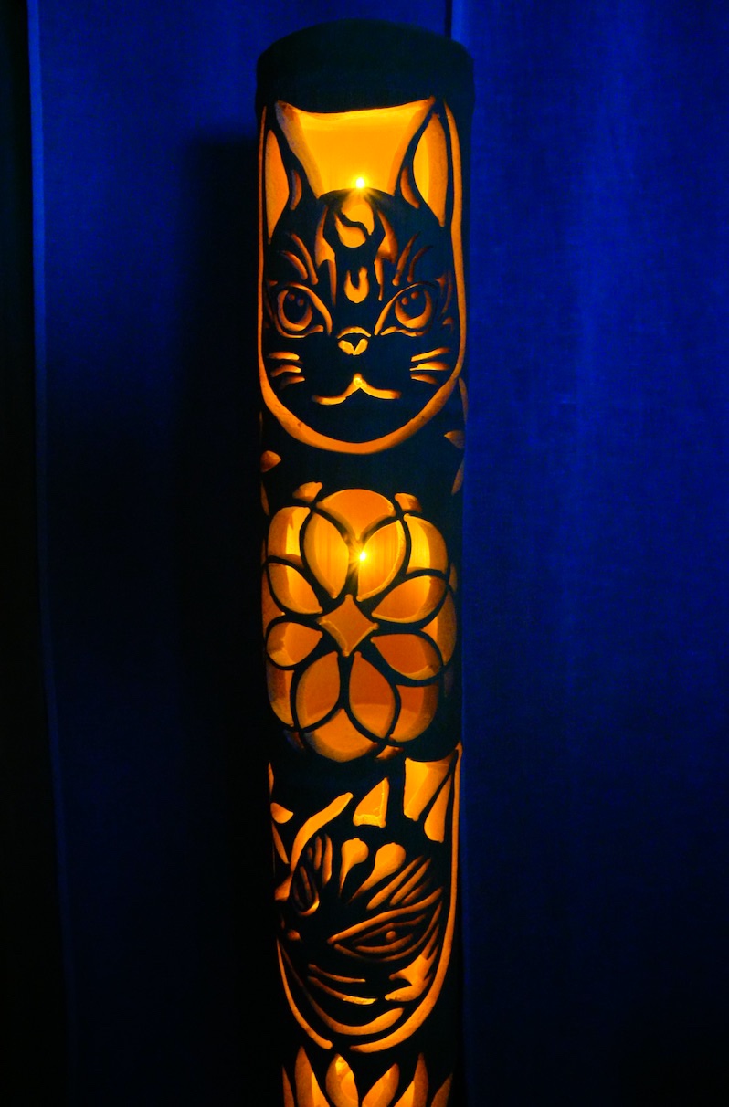 特大★竹灯籠　カラー　〜猫面・狐面〜  幻想の灯り　★ 竹ランプ 幻想の灯り　★  竹ランプ 特大★竹灯籠　カラー　〜猫面・狐面〜