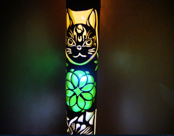 特大★竹灯籠　カラー　〜猫面・狐面〜  幻想の灯り　★ 竹ランプ 特大☆竹灯籠 カラー 〜猫面・狐面〜 幻想の灯り ☆ 竹ランプ スタンド