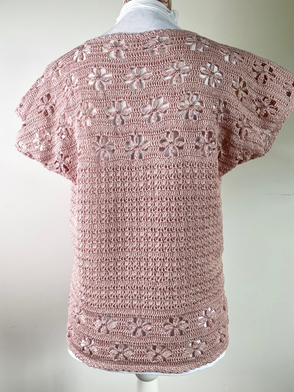 手編みサマーニットセーター（ピンク・ビーズつき） 4枚目の画像