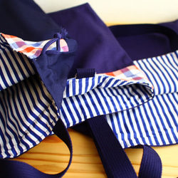 【送料無料】レッスンバッグ　上履き袋　体操着袋　帆布　紺色　トリコロール色　エッフェル塔 3枚目の画像