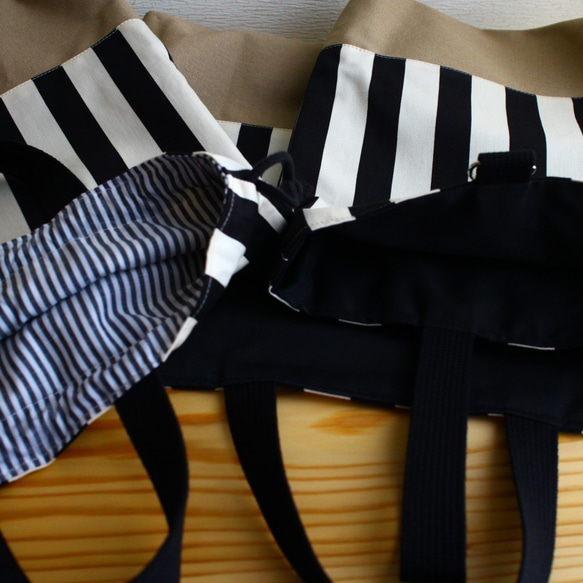 【送料無料】レッスンバッグ　上履き袋　体操着袋　セット　北欧　黒ストライプ/ベージュ 2枚目の画像