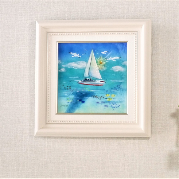 七宝焼アートフレーム「ヨット夏の思い出」染型七宝　京七宝 2枚目の画像