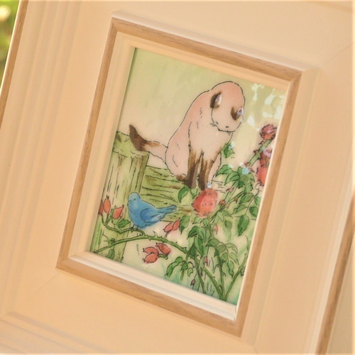 七宝焼アートミニフレーム「青い鳥とネコ」染型七宝 京七宝 その他