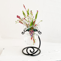 葡萄ビーズ飾りガラス製フラワーベース・クリアー・アルミワイヤー