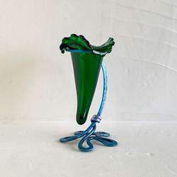 スタンドコーン型フラワーベース・花型底・ディープグリーン+青緑・一点物作品 4枚目の画像