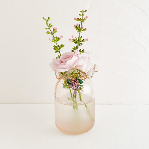 葡萄ビーズ飾りガラス製フラワーベース・ピンク・スモークステンレス