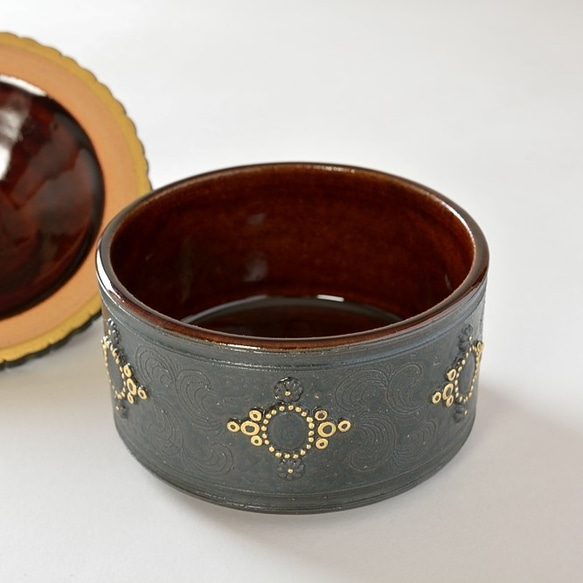 京焼　金彩鉄釉貼花文「蓋物」　宮里絵美作　陶器 5枚目の画像