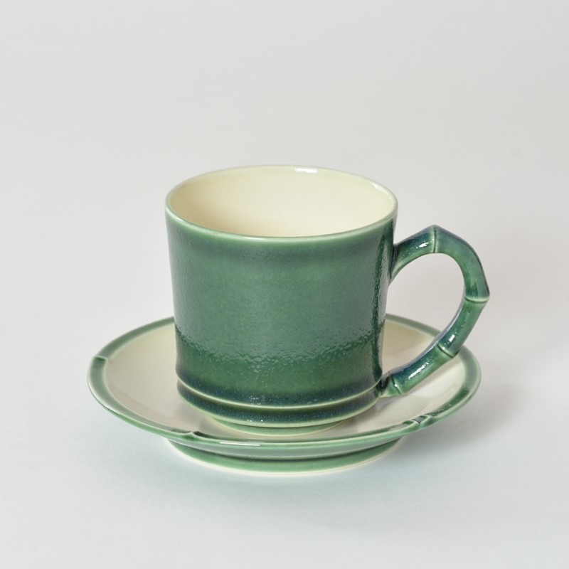 【受注生産停止中です】京焼「竹節緑釉珈琲碗皿 半磁器製」　柴田恭久作