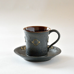 京焼 金彩鉄釉貼花文「珈琲碗皿」 宮里絵美作 陶器 ティーカップ 柴田
