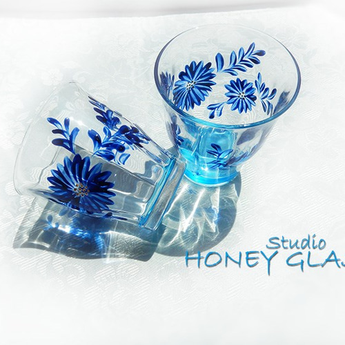 青い花のグラス （絵付けグラス） ～再販 グラス Studio HONEY GLASS