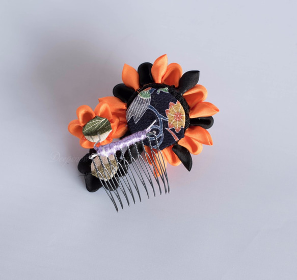 Tumami Hair comb 「 Halloween 」/　つまみ細工ヘアコーム 正絹　 5枚目の画像