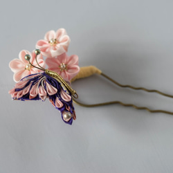 TSUMAMI　KANZASHI　「蝶と小花」/ つまみ細工花簪 4枚目の画像