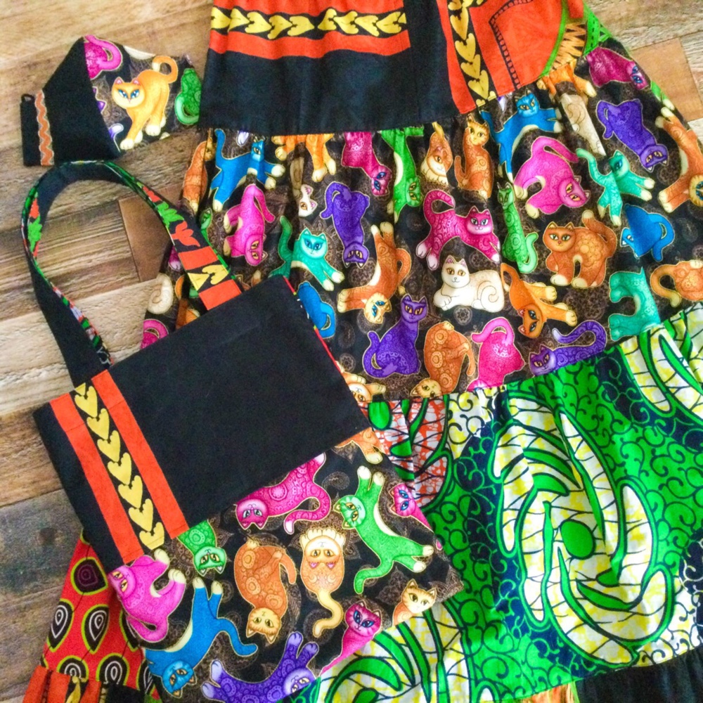 アフリカンプリント×猫　エスニックロングティアードスカートとマスク&トートバッグ  ３点セット