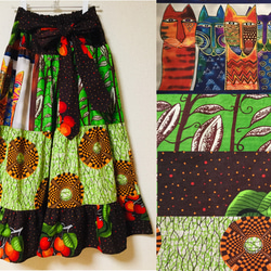 アフリカンプリント×ローレルバーチ 猫パネル地 エスニック ロング ティアード スカート 2枚目の画像