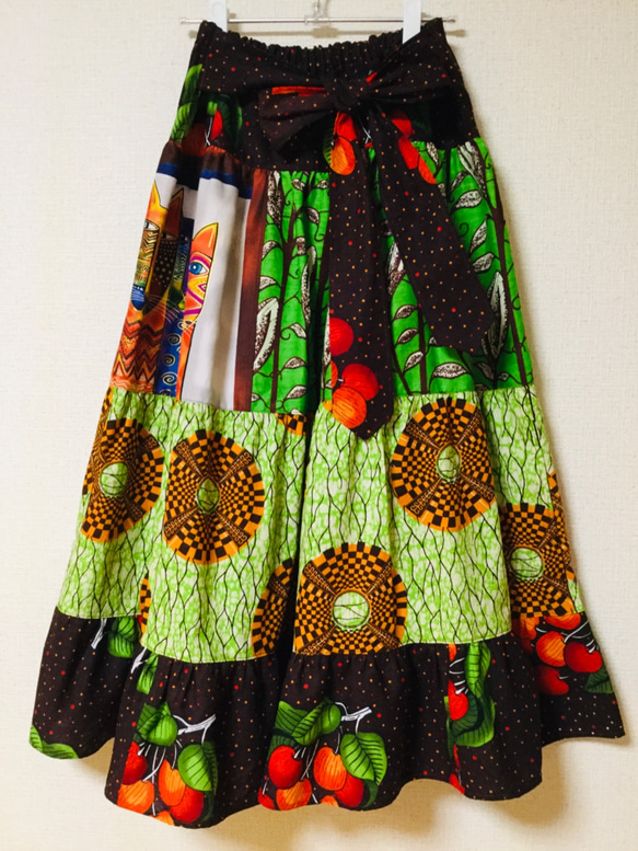 アフリカンプリント×ローレルバーチ 猫パネル地 エスニック ロング ティアード スカート 7枚目の画像
