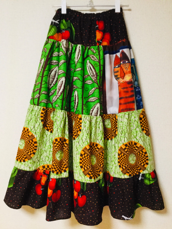アフリカンプリント×ローレルバーチ 猫パネル地 エスニック ロング ティアード スカート 8枚目の画像