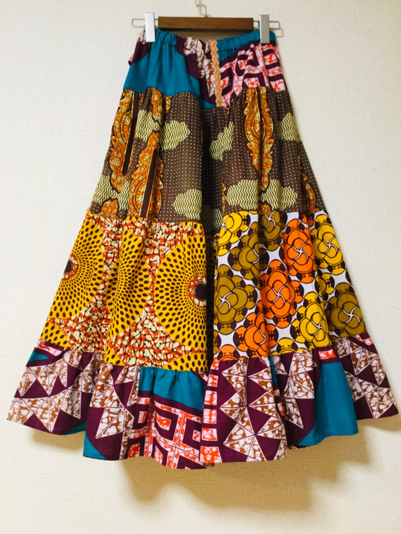 アフリカンプリント×猫 エスニック コットン ロング ティアードスカート 7枚目の画像
