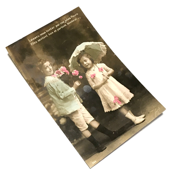 一套2張古董明信片|男孩和一束玫瑰花的女孩，一封情書的女孩（法國） 第2張的照片