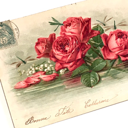 アンティークポストカード｜赤いバラとトンボ（フランス） 3枚目の画像