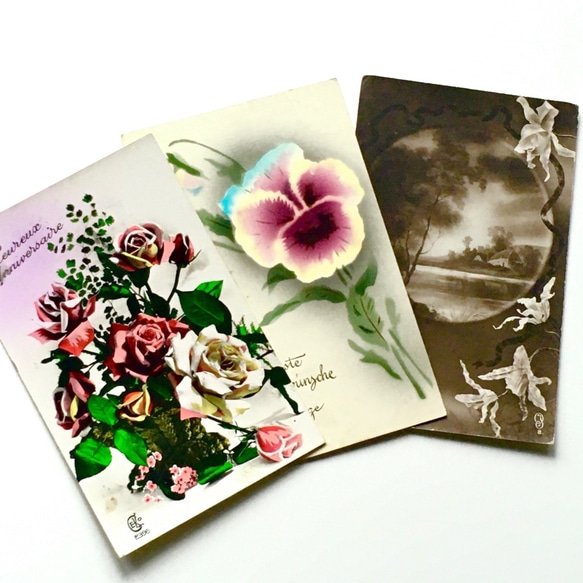 アンティークポストカード 3枚セット バラ・カサブランカ（ユリ）・パンジー（ビオラ）・ダリア｜フランス 1枚目の画像