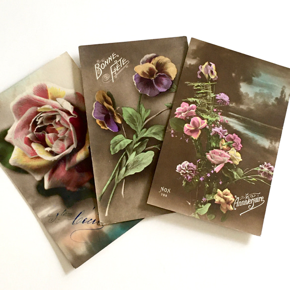 古董明信片 3 件套（玫瑰、三色堇、康乃馨）| 法國 第1張的照片