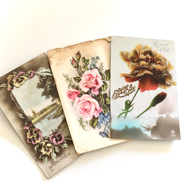 3 套古董明信片三色堇（中提琴）玫瑰康乃馨 | 法國 第1張的照片