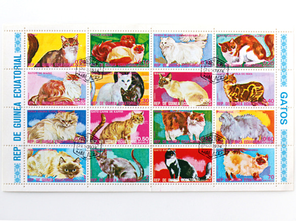 ネコ切手16種シート（古切手）｜赤道ギニア共和国 1975年 1枚目の画像