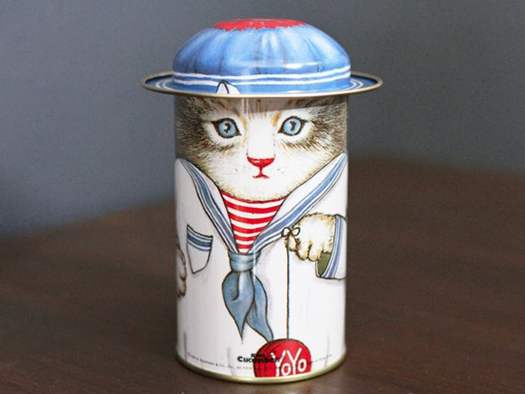 【 Kitty Cucumber 】ネコのブリキ缶（ ティンボックス） ヨーヨーを持つネコ｜デッドストック・ヴィンテージ 1枚目の画像