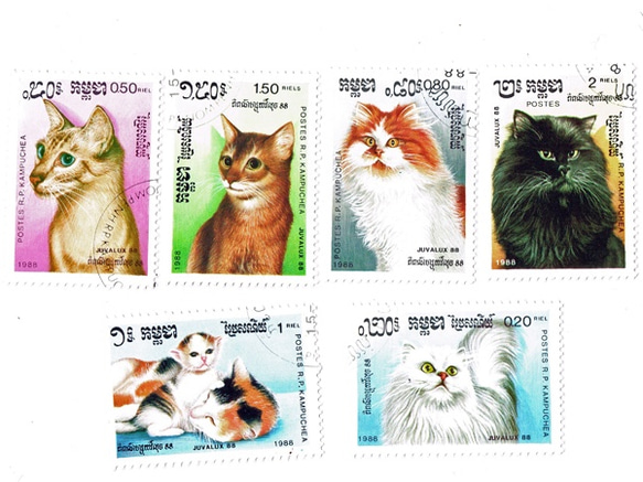 套6種貓郵票| 1988年柬埔寨人民共和國（外國郵票/舊郵票）|古董/古董 第1張的照片
