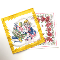 復古圖案手帕[狗和女孩，粉紅色的花朵] 2件套（美國）|織物，Hagile，拼布，Feedsack 第1張的照片
