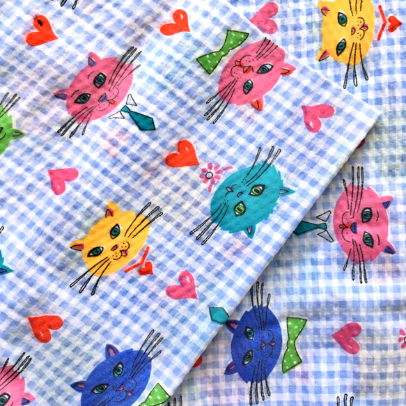 Cat x blue gingham check fabric 進口面料（美國）| Deadstock（復古） 第3張的照片
