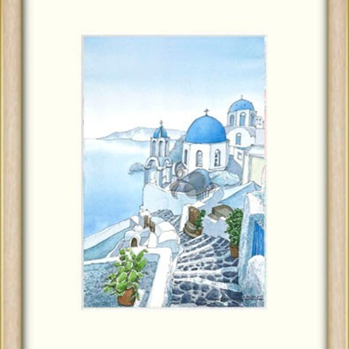 ギリシャ サントリーニ島の教会とエーゲ海を描いた透明水彩原画です