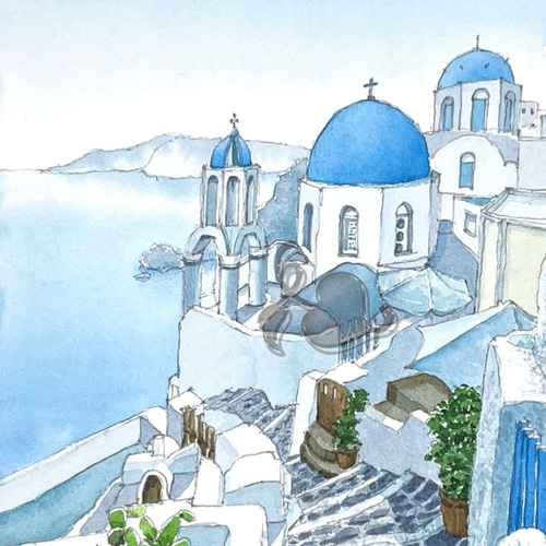 ギリシャ サントリーニ島の教会とエーゲ海を描いた透明水彩原画です