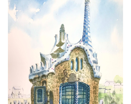 スペイン バルセロナ ガウディ作 グエル公園 透明水彩原画 絵画 スペイン バルセロナ ガウディ作 グエル公園 透明水彩原画 絵画
